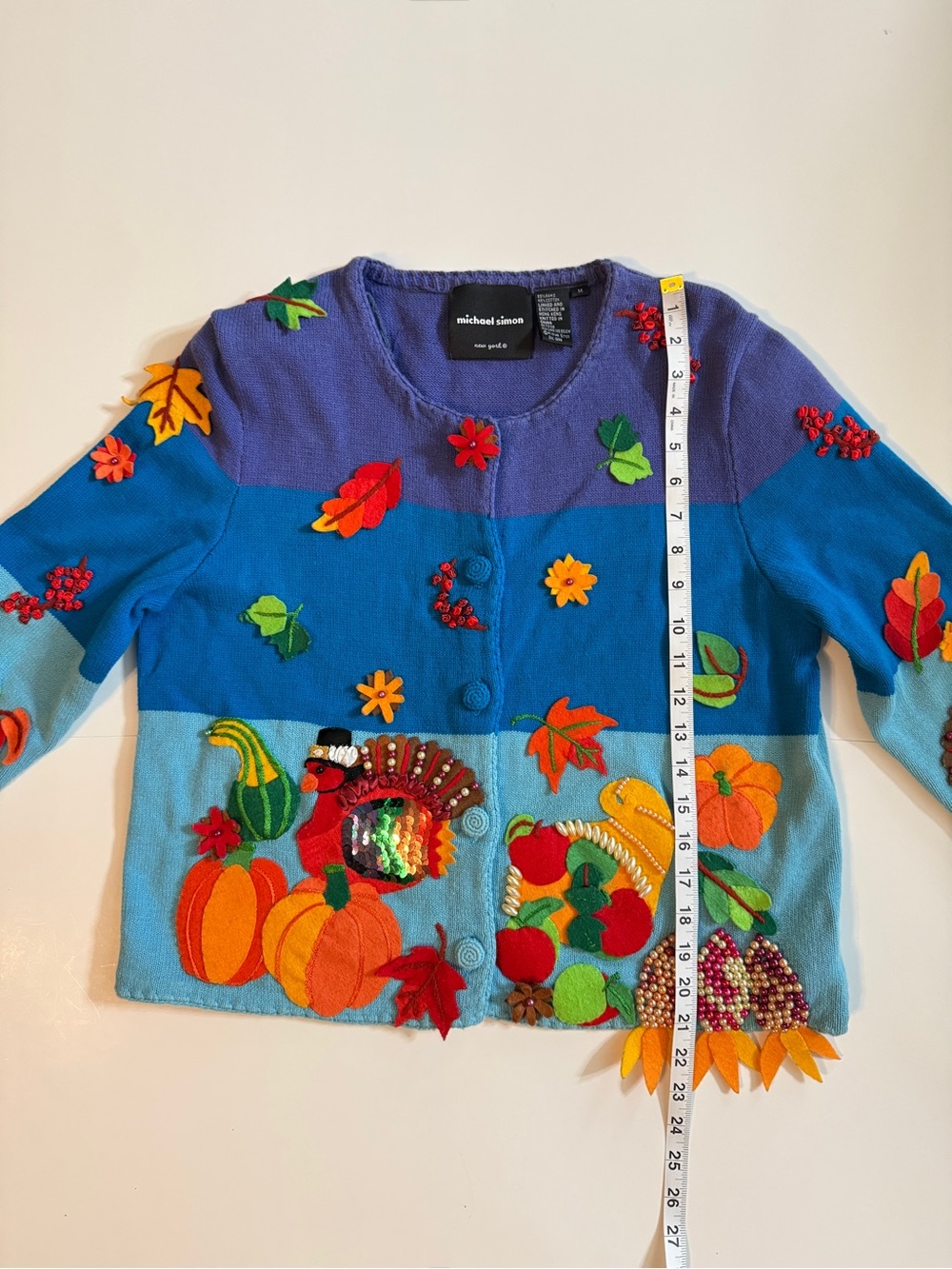 VTG Michael Simon Thanksgiving Cardigan Sweater ApliquΓ© Turkey Cornucopia 1999 M - Picture 12 of 14